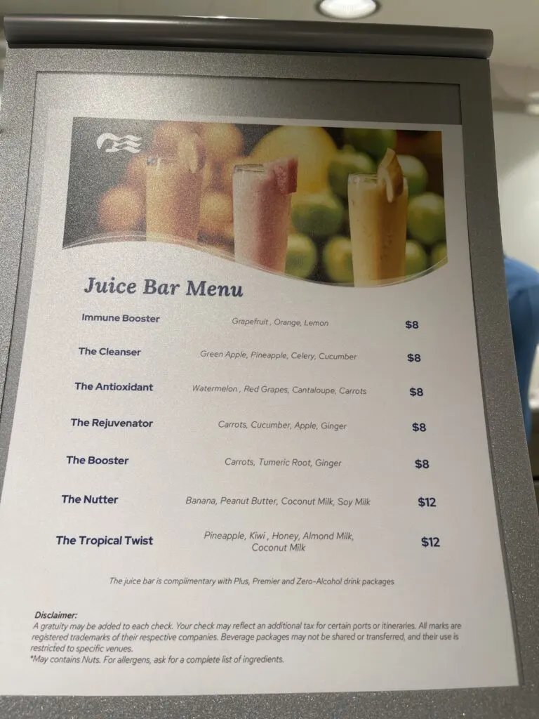 princess cruises juice bar menu
