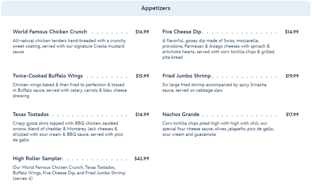 planet hollywood appetizers