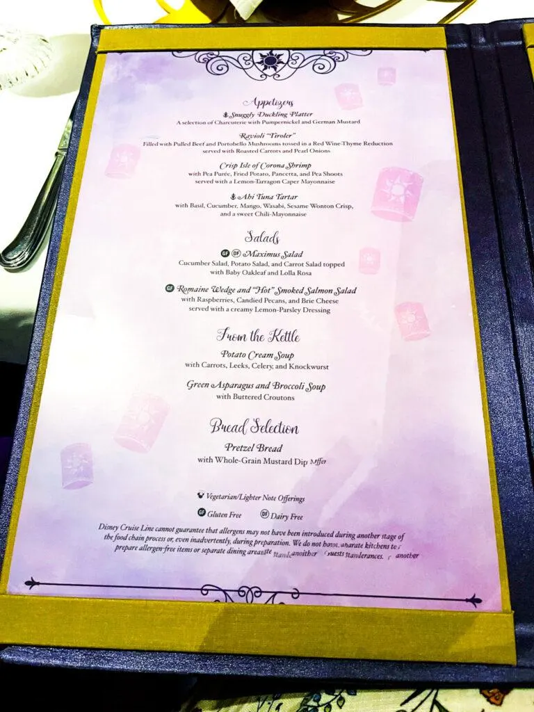 Disney Magic Rapunzel's Royal Table Menu